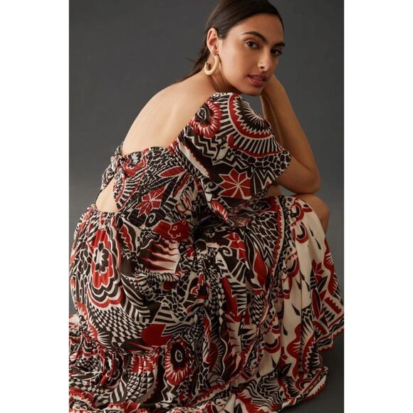 nwt by ANTHROPOLOGIE sz XXS Tiered Maxi Dress in red brown - Picture 5 of 6